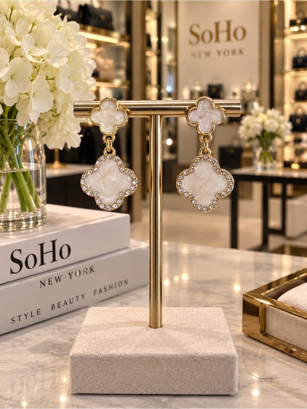 White Gold-Tone Clover Drop Earrings